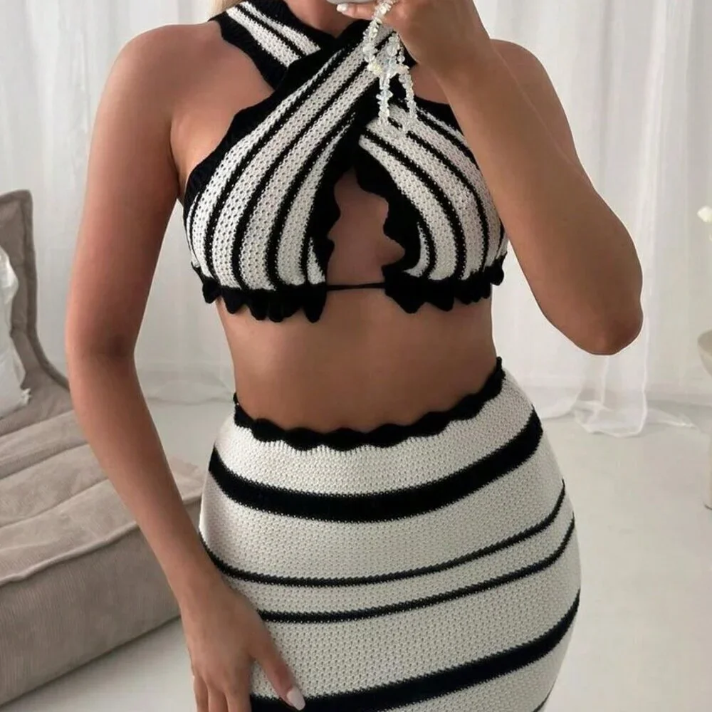 Black And White Casual Women's Sexy Set Colorblock Stripe Backless Knit